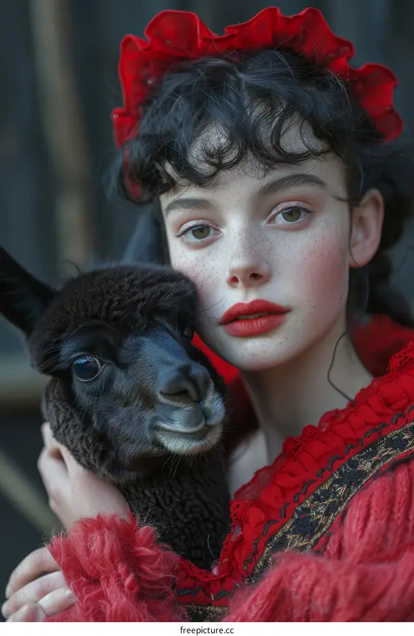 portrait of a young woman with an alpaca