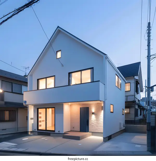 Modern White Two Storey House with Brick Wall and Balcony