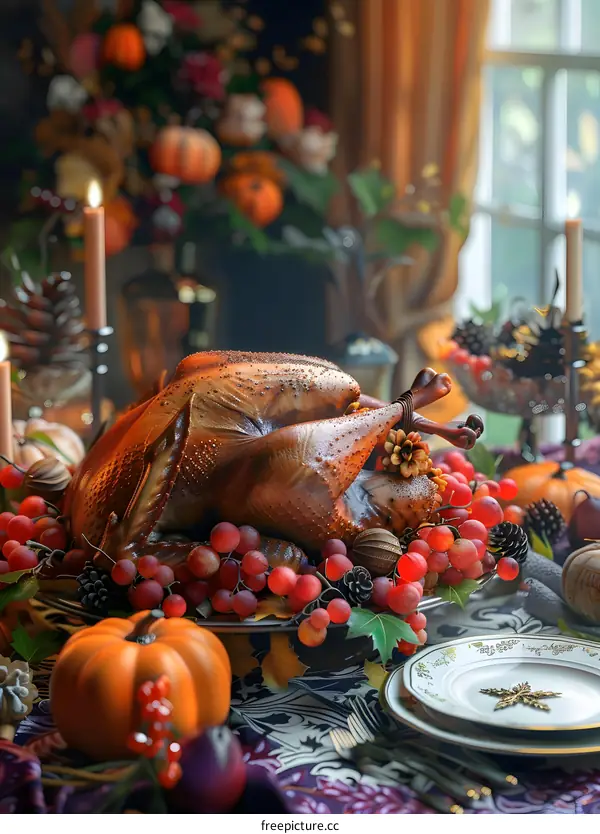 Thanksgiving dinner table with roasted turkey, pumpkins, and grapes