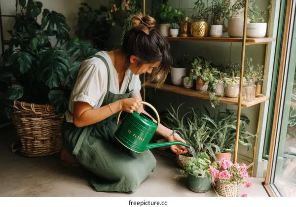 Woman watering plants in a plant-filled room