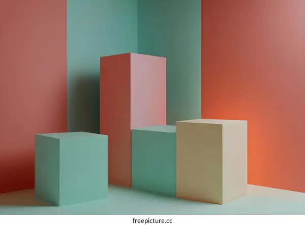 Abstract 3D Rendered Minimalist Product Display Platform with Pastel Colored Blocks