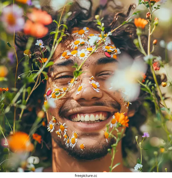 Man with flowers on his face