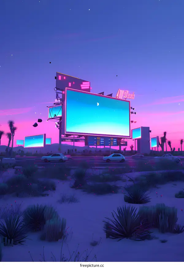 Neon Signs in a Desert Landscape at Sunset