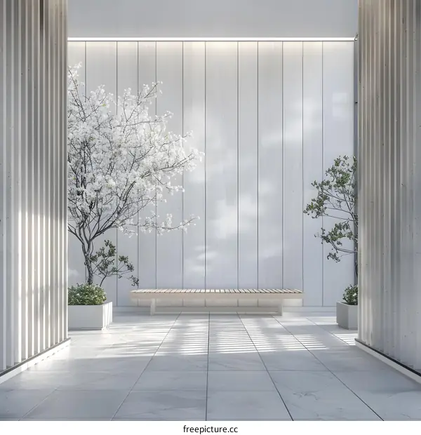 Minimalist White Wooden Wall With Bench and Plants