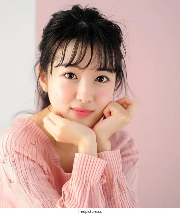 Portrait of a Young Asian Woman in Pink Sweater