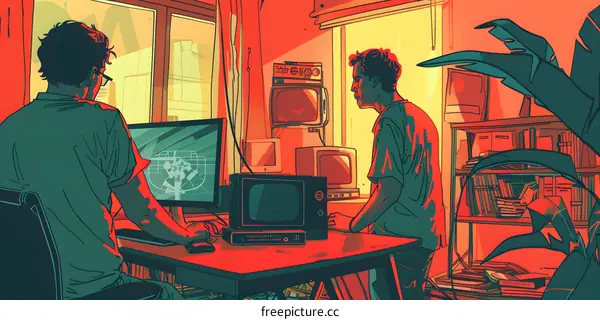 Two Men Sitting In A Room With Computers And Televisions