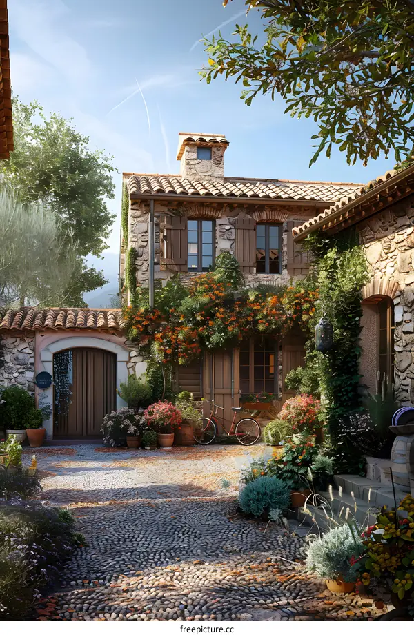 European style courtyard with stone walls, tiled roof, wooden door and bicycle