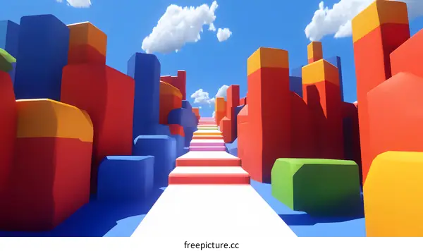 Colorful 3D Rendered Abstract Cityscape With Staircase Leading Up