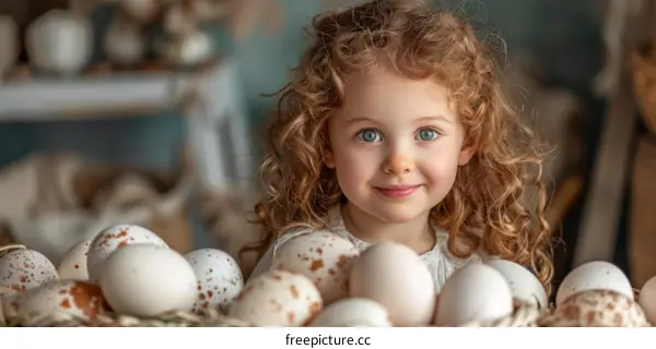 Little red-haired girl with blue eyes among the chicken eggs