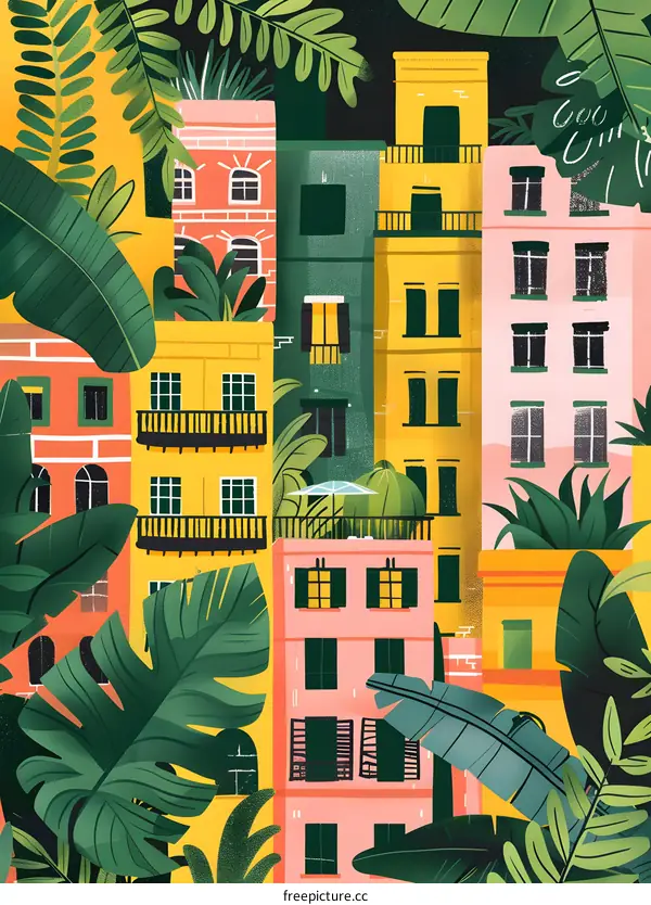 Tropical Cityscape Illustration With Green Plants