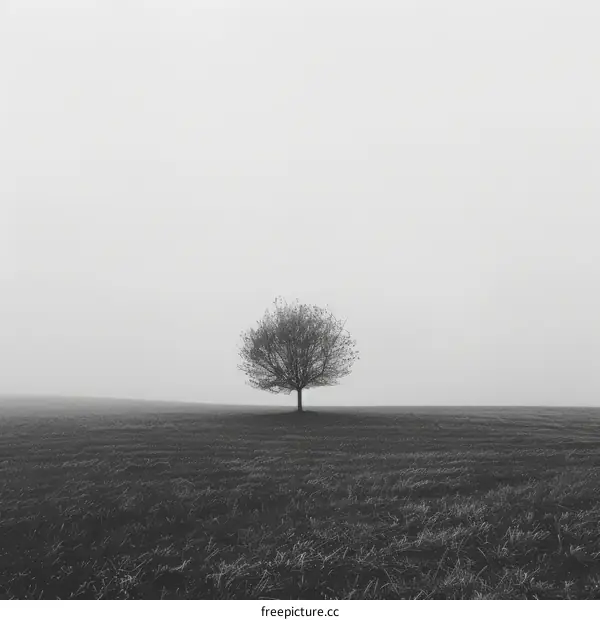 A tree stands alone in a field of grass on a foggy day