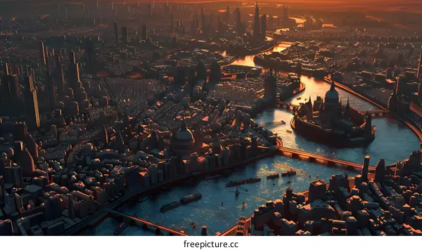 Aerial View of Cityscape with River at Sunset