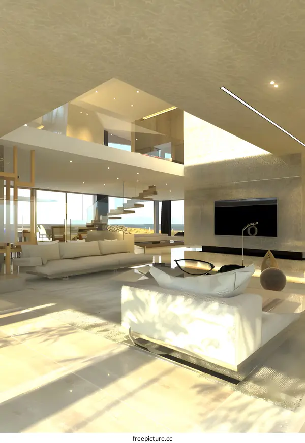 Modern Interior Design Living Room With Glass Staircase And Sea View
