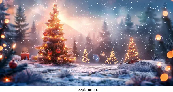 Snowy Forest with Christmas Tree and Presents