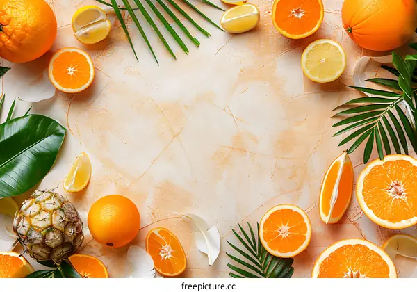 Orange Slices with Palm Leaves on White Background