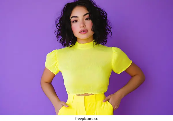 Young Woman in Trendy Yellow Outfit against a Purple Background