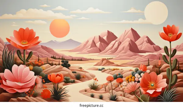 Retro Desert Landscape with Pink Mountains and Flowers