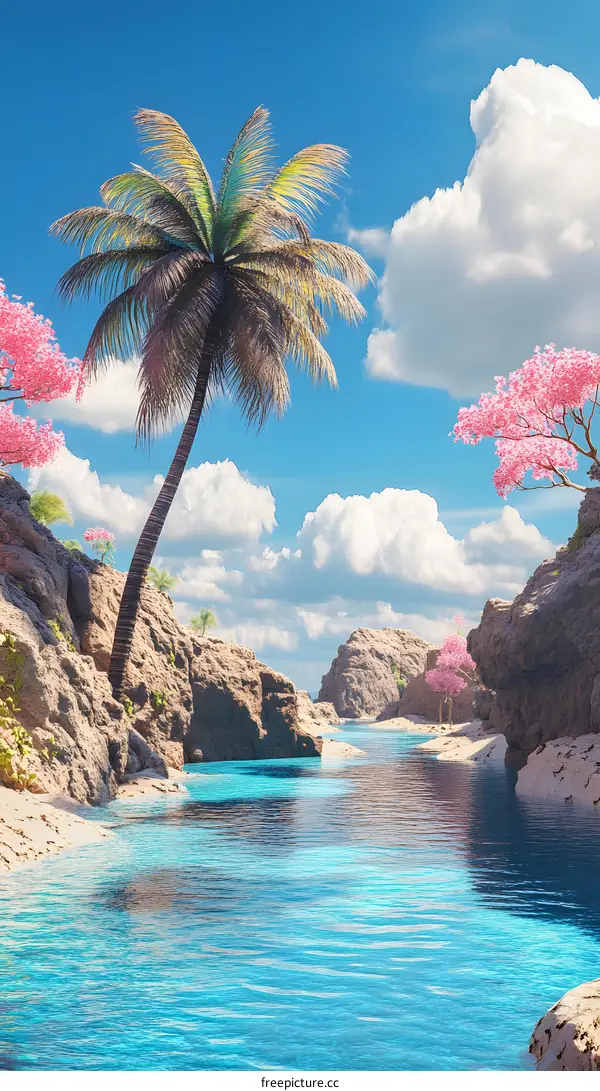 Tropical Paradise Scene with Palm Tree and Pink Flowers