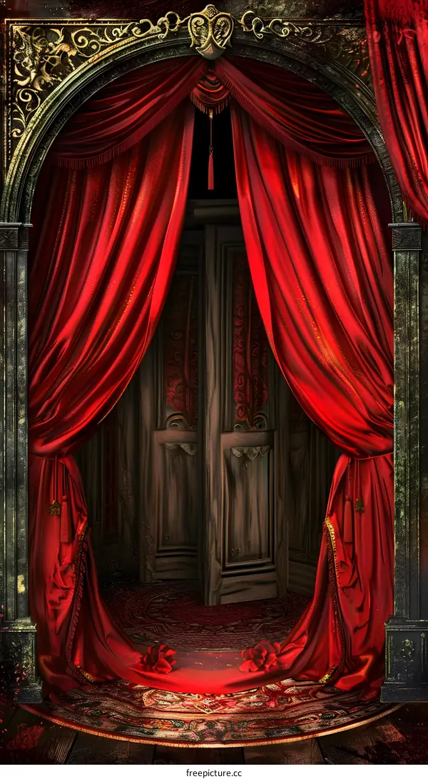 Red Velvet Curtains Open to Reveal a Mysterious Room