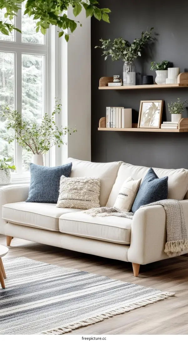 Cozy Living Room with Floating Shelves and a Striped Rug