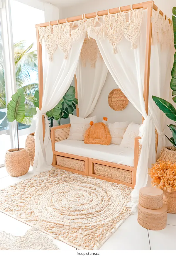 White Canopy Bed Frame with Wicker Accents