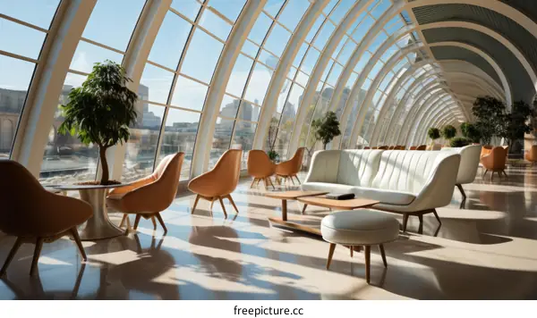 Modern bright office space with large windows and stylish furniture