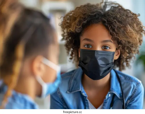 Young African American girl wearing a mask looking at another person