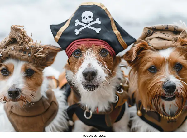 Three dogs wearing pirate hats