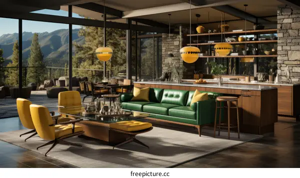 Modern living room interior with large windows and mountain views