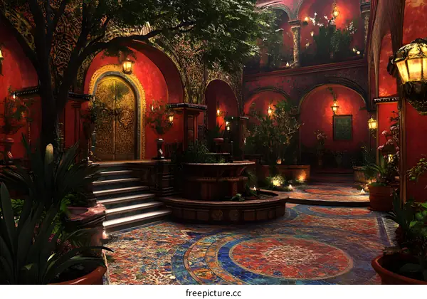 Red and Gold Courtyard with Fountain and Plants