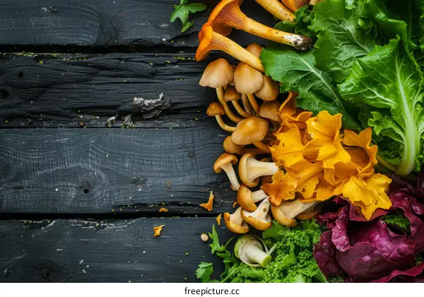 chanterelle mushrooms with autumn leaves on a wooden background