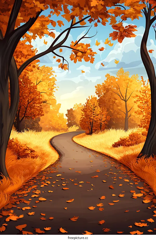 Autumn Forest Path with Golden Leaves and Winding Road