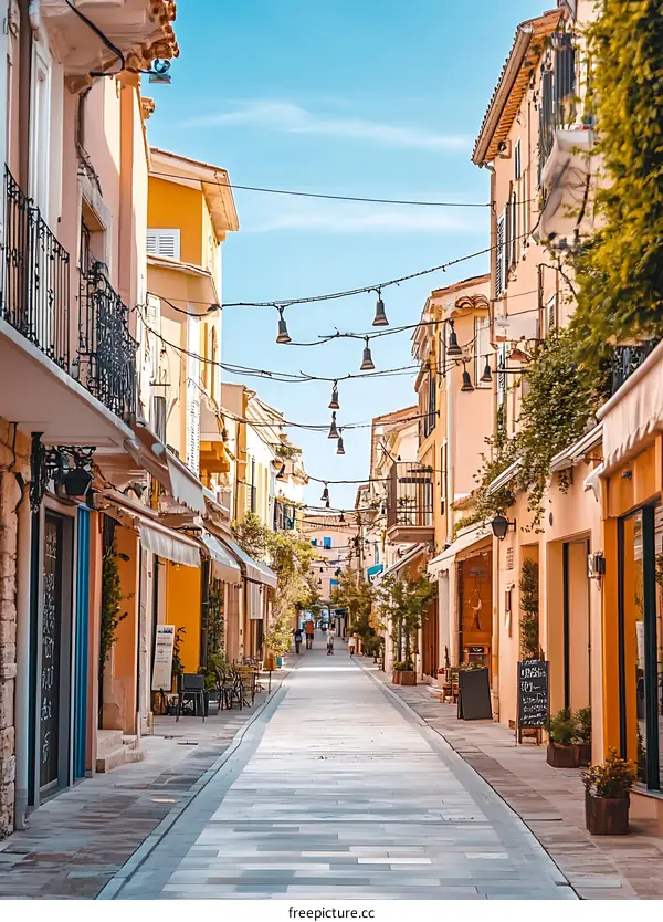 Narrow Street in a European City with Shops and Buildings