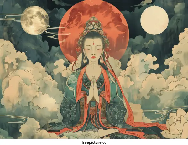 An illustration of a Chinese goddess with a red moon in the background