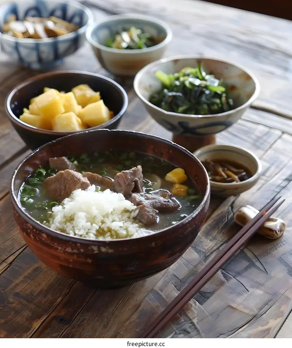 A delicious Japanese dish with beef and rice.