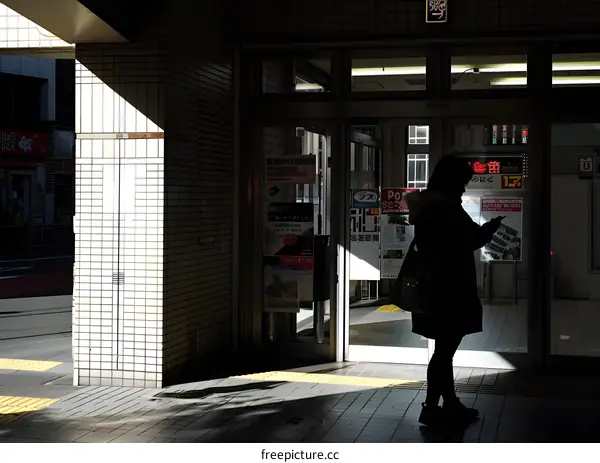 Silhouette of a Person Standing in Front of a Glass Door in Japan