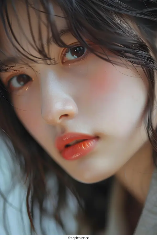 Close Up Portrait of Asian Woman with Red Lipstick