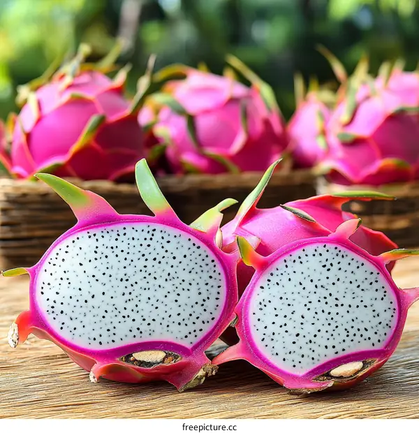 Freshly Sliced Dragon Fruit on Wooden Table