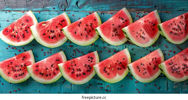 Fresh Watermelon Slices on Blue Wood Background