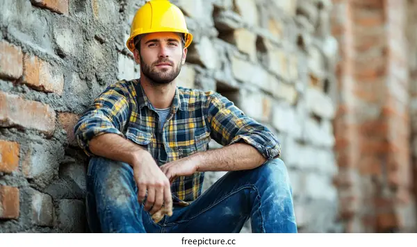 Construction Worker Leaning Against Brick Wall