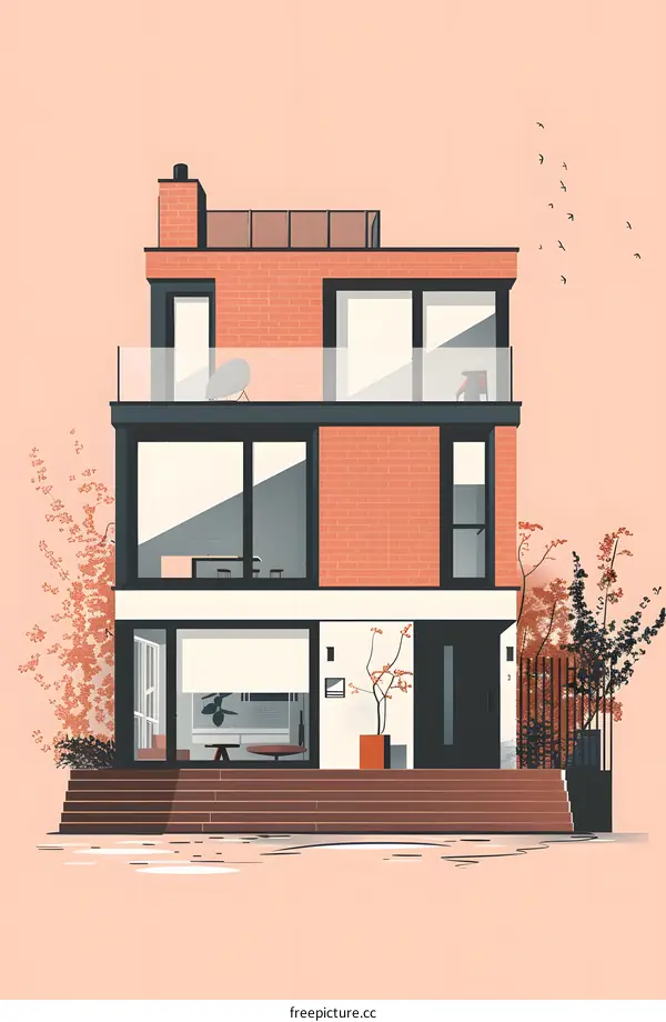 Modern Brick House with Balcony and Trees