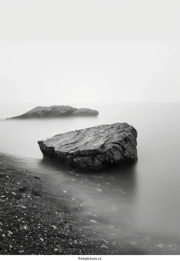 Black and white photo of a large rock in the ocean with a blurred background