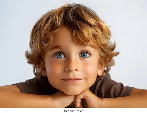 Portrait of a happy little boy with blue eyes and curly blond hair