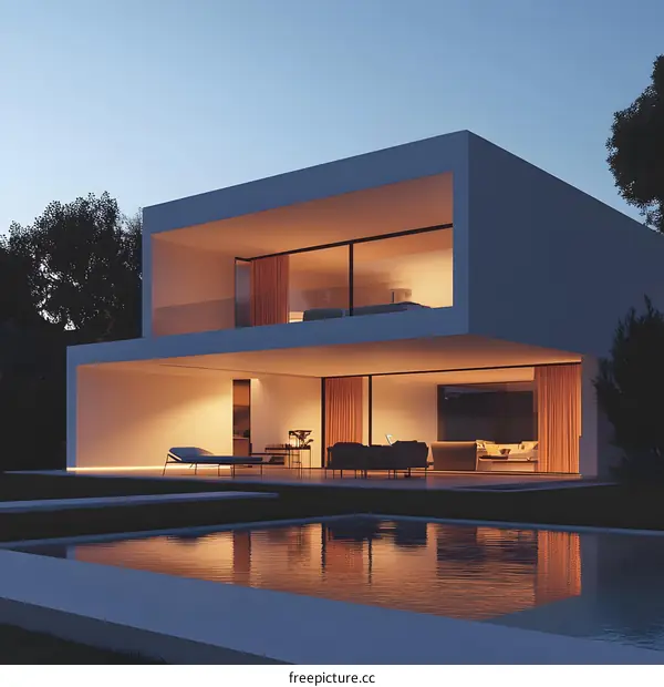 Modern Minimalist House with Swimming Pool at Dusk