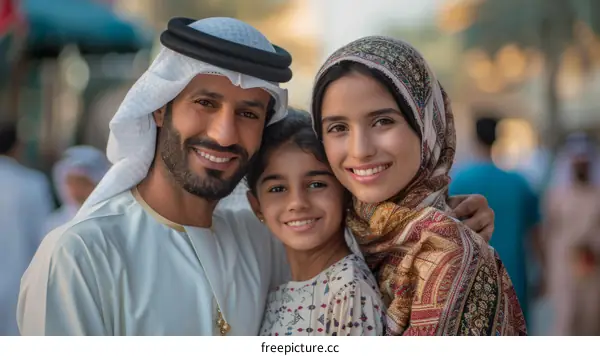 A happy family of three is posing for a photo in traditional Emirati clothing.