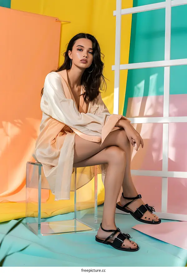 Woman in a Shirt Dress Sitting on a Clear Acrylic Stool