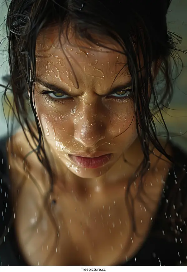 Close-up Portrait of a Woman Covered in Water Droplets