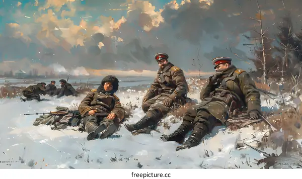 Russian Soldiers Resting in the Snow During Winter