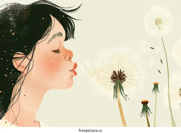 Girl Blowing Dandelion Seed in Nature