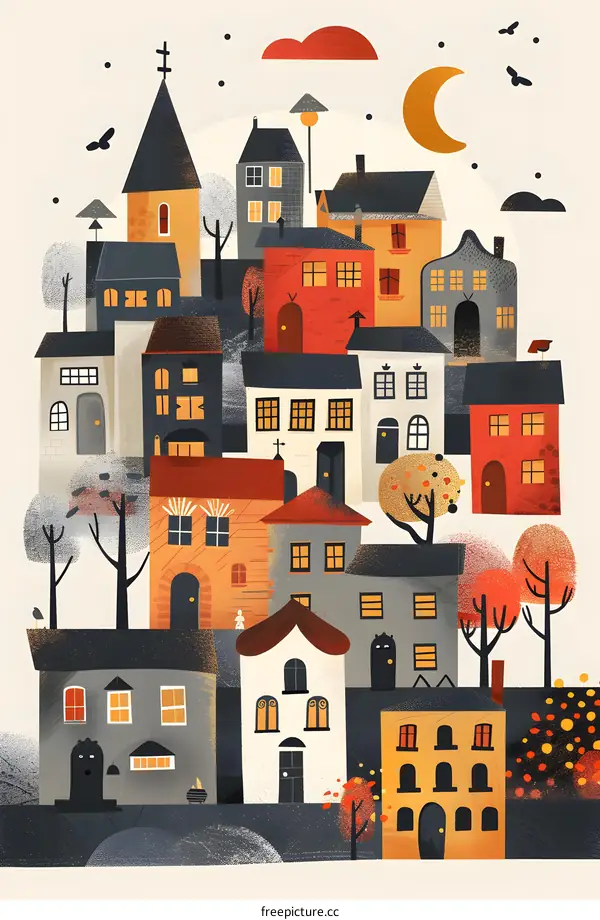 Autumn Town Illustration With Colorful Buildings And Trees